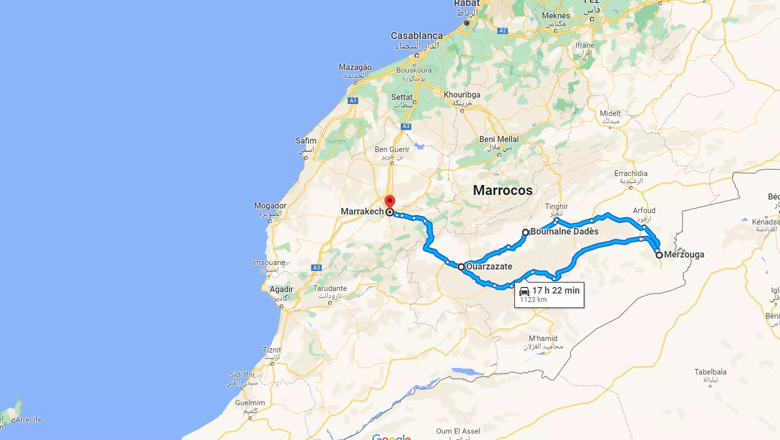 4 days desert map Marrakech to Merzouga