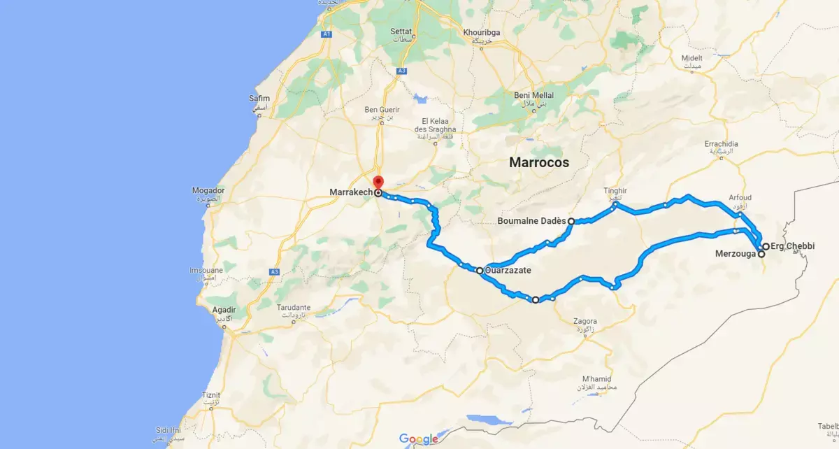 5 Days Trip to The Sahara Desert from Marrakech map