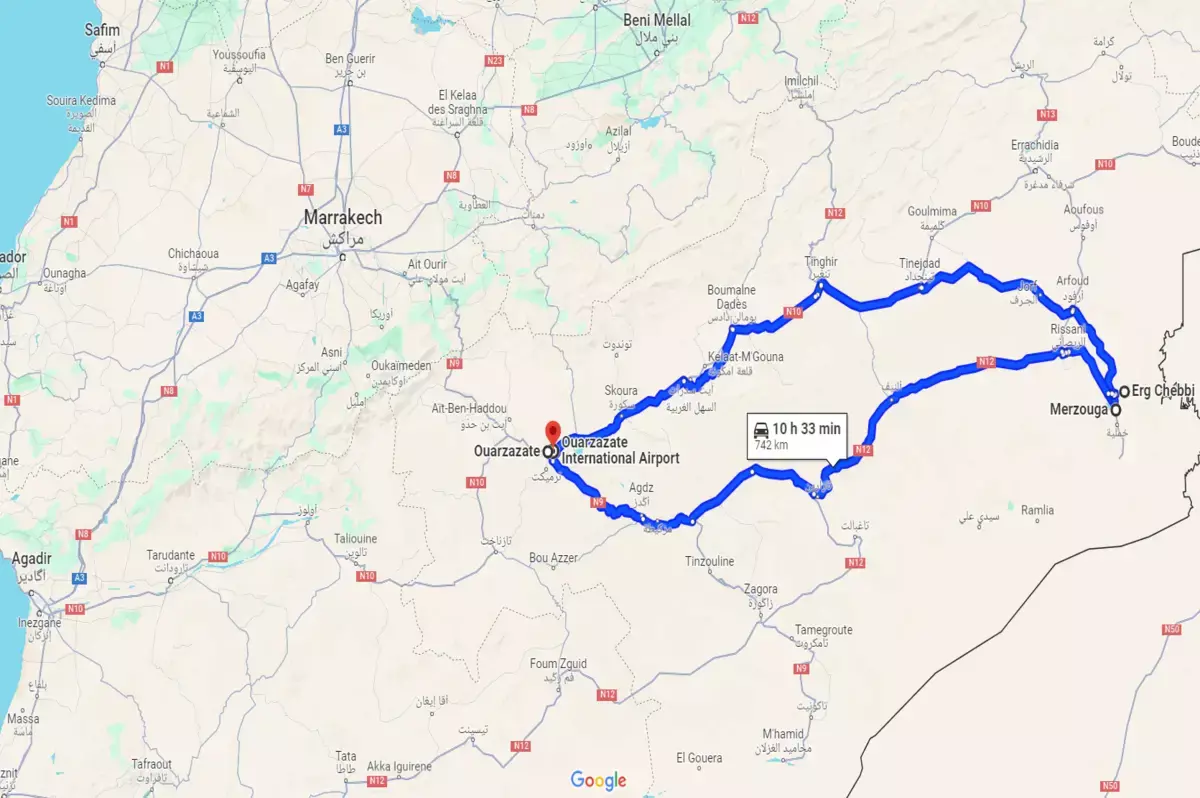 Map 5 days private tour from Ouarzazate to Sahara Desert