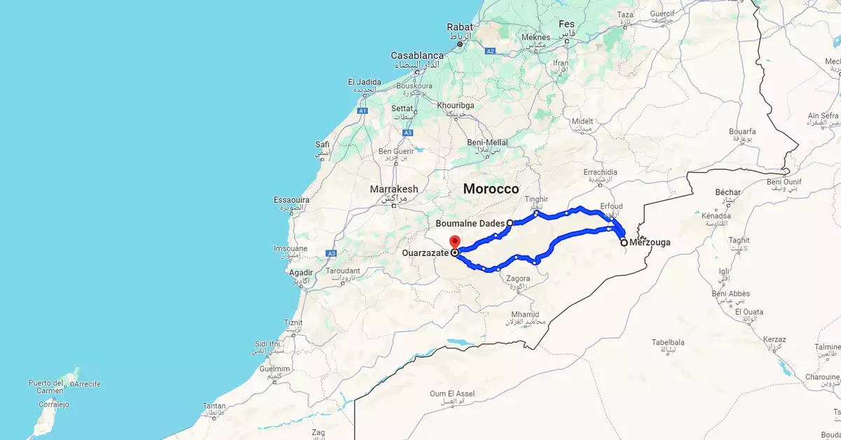 Map of 4-Day private tour to Merzouga desert from Ouarzazate