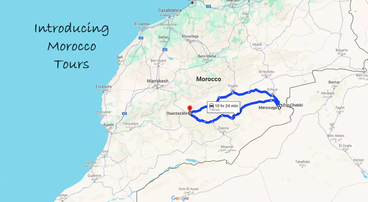 map of 3 Days tour from Ouarzazate to Sahara desert