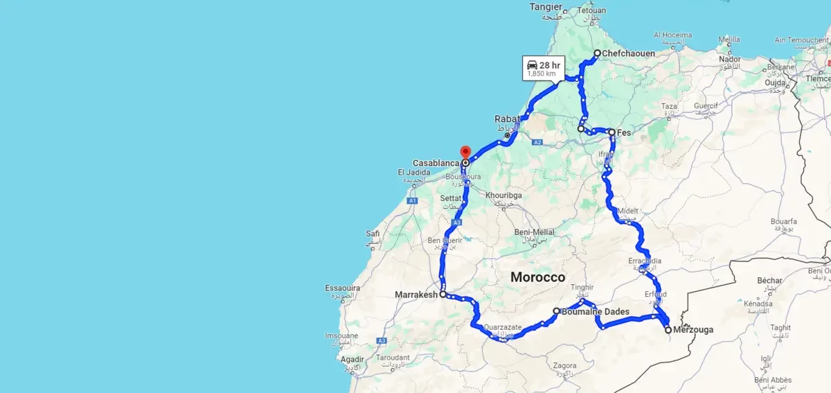 tour map of 10 Days Tour from Casablanca
