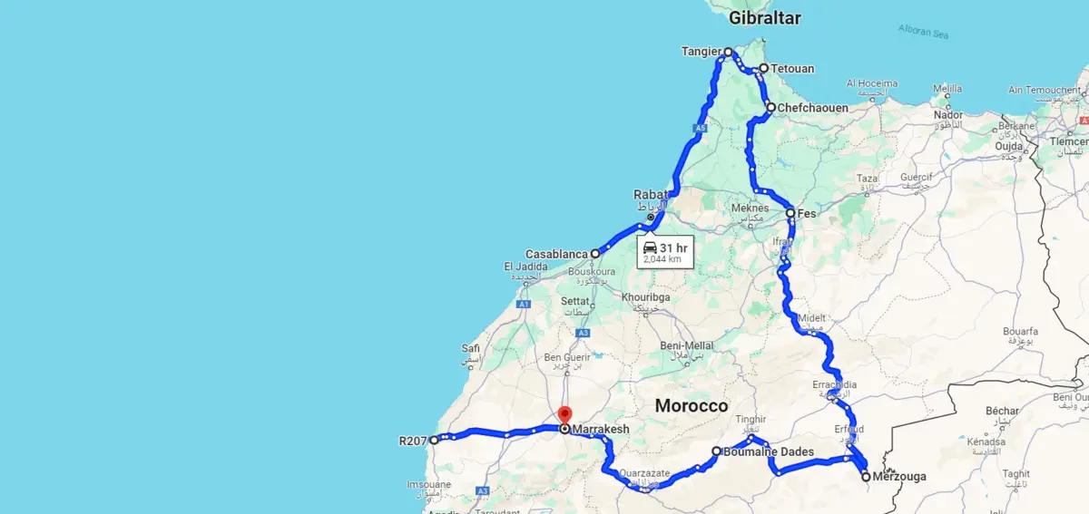 tour map of The Perfect 2 Weeks Morocco Itinerary