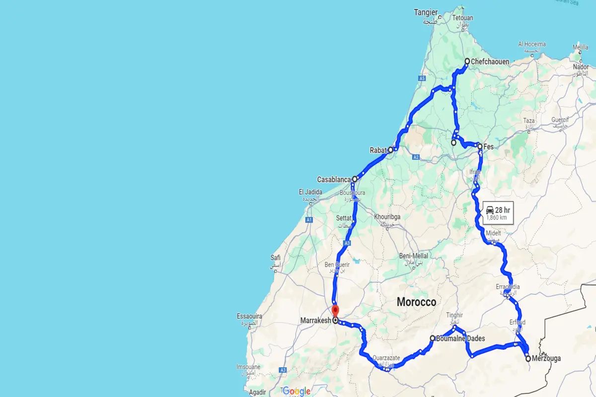 tour map 10 day private trip in Morocco