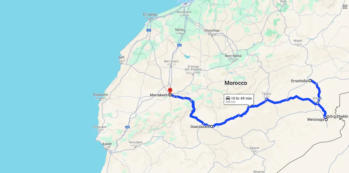 tour map 4 days Errachidia to Marrakech