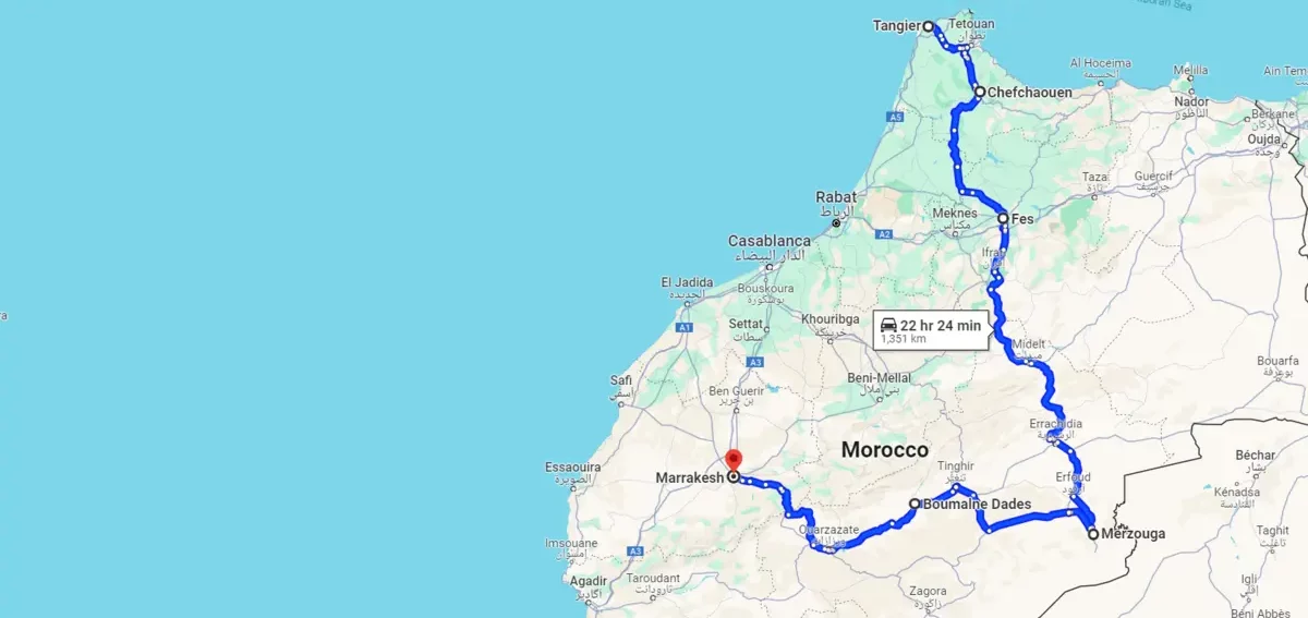 tour map 7 Days desert tour from Tangier to Marrakech