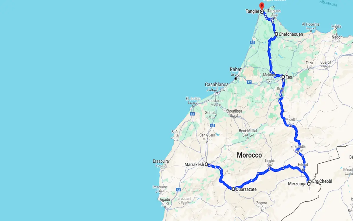tour map 8 day desert tour from Marrakech to Tangier